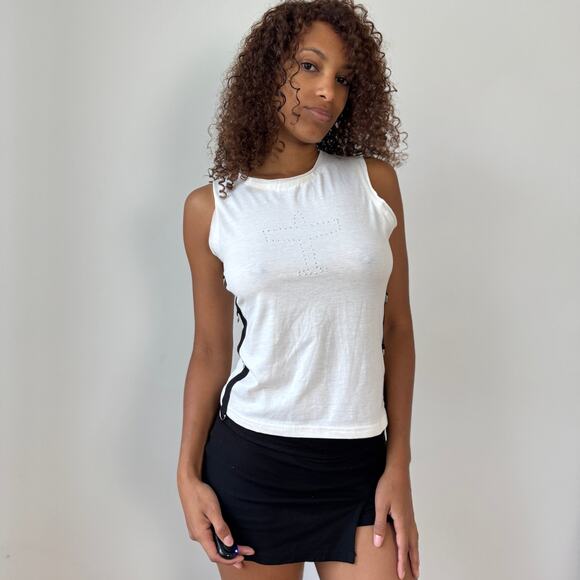 Vintage euro White Tank with Rhinestone Airplane & D-Ring Side Straps (S/M) - Picture 7 of 10